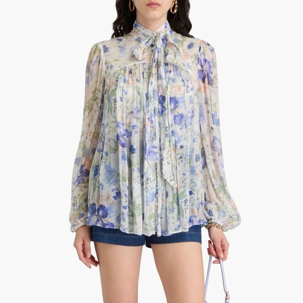 Zimmermann Natura Tie-neck Billow Top in Blue Garden Print